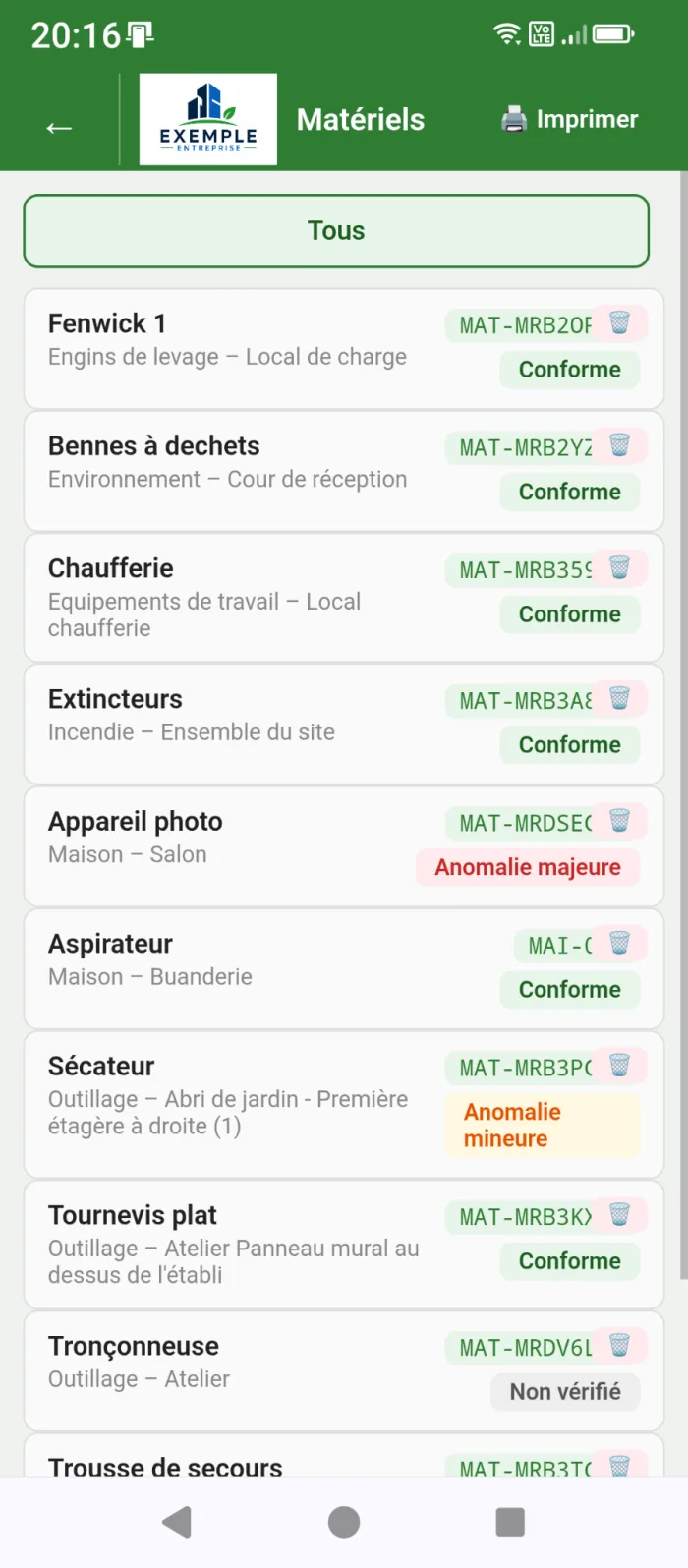 Inventaire des matériels Suivimat sur tablette