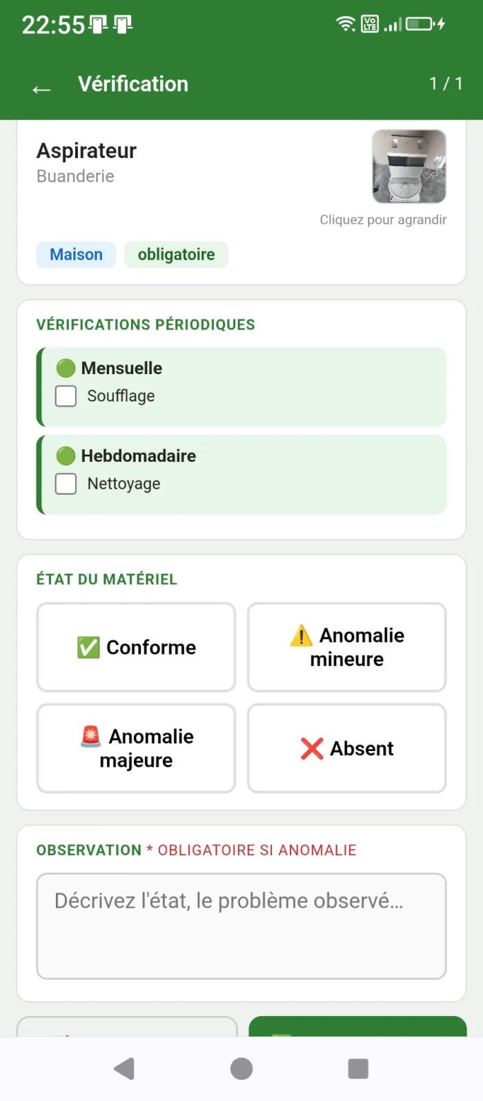 Vérification d'un matériel Suivimat sur smartphone